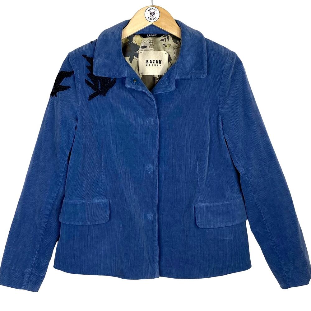 Blue Corduroy Blazer Bazar Deluxe Embroidered Birds Womens 6 Italy Quiet Luxury